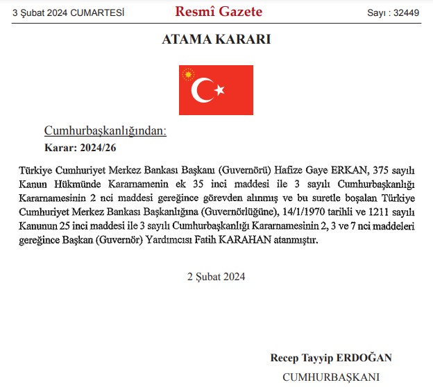 TCMB Başkanı olarak Fatih Karahan atandı
